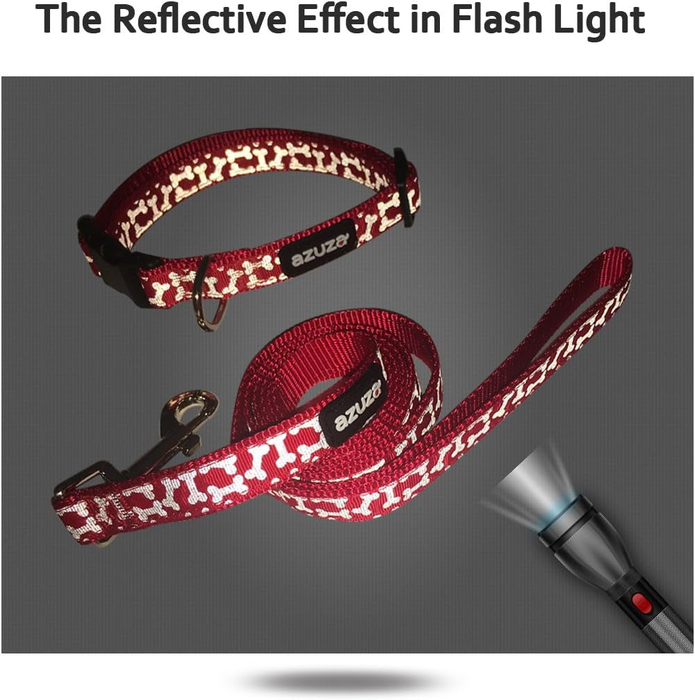 New Year Dog Collar and Leash Set, Adjustable Nylon Collar with Matching Leash for Small Dogs, Foil Printing Dog Bone Pattern, Red